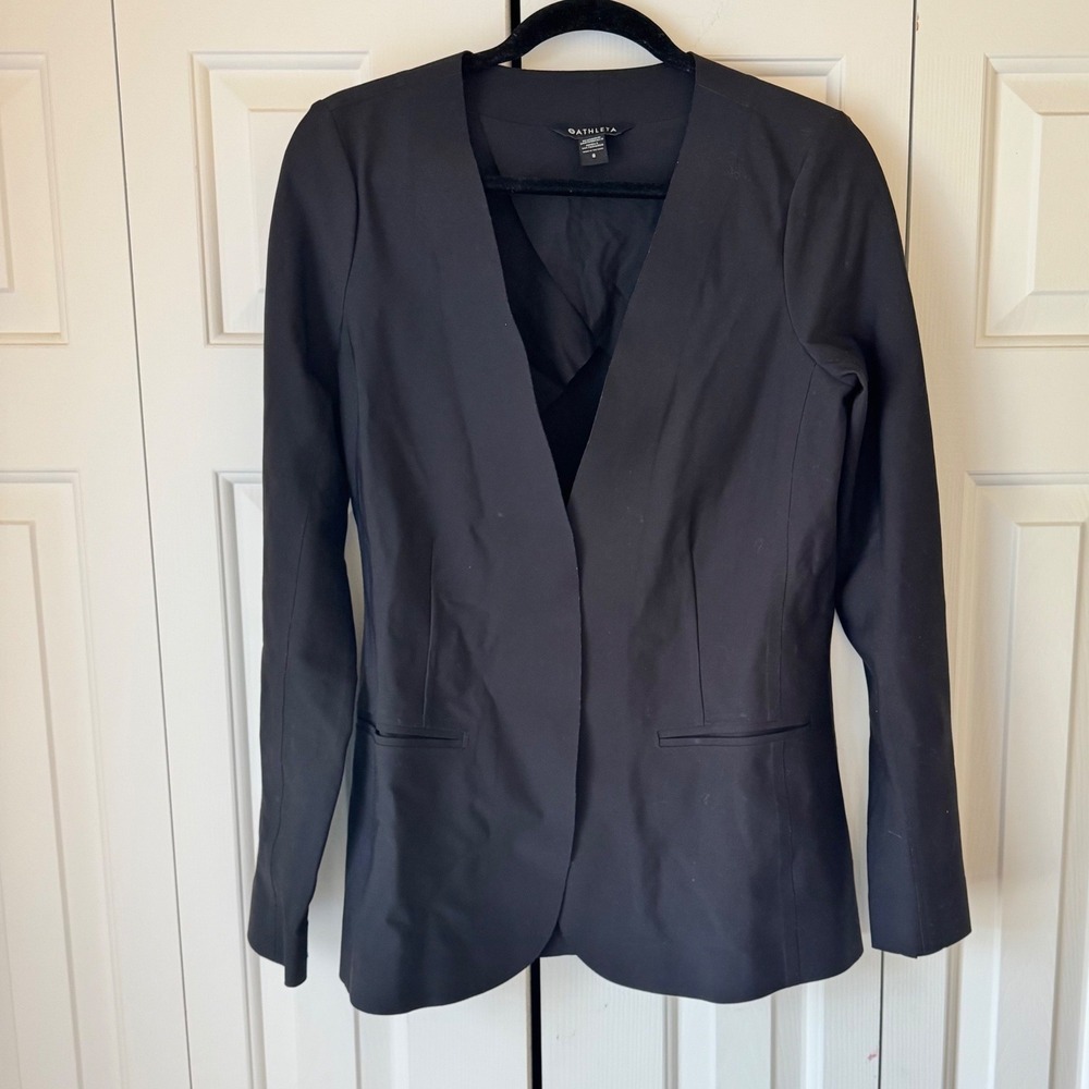 Athleta Avenue Blazer Black Collarless Open Front Stretch Jacket Womens 8 - Picture 1 of 6